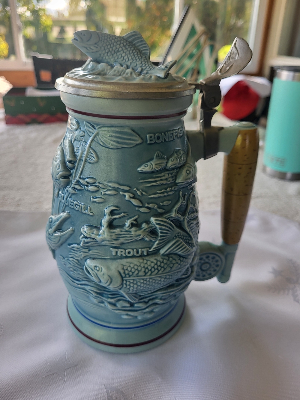 Avon Blue Trout Ceramic Stein with Brass-Tone Lid